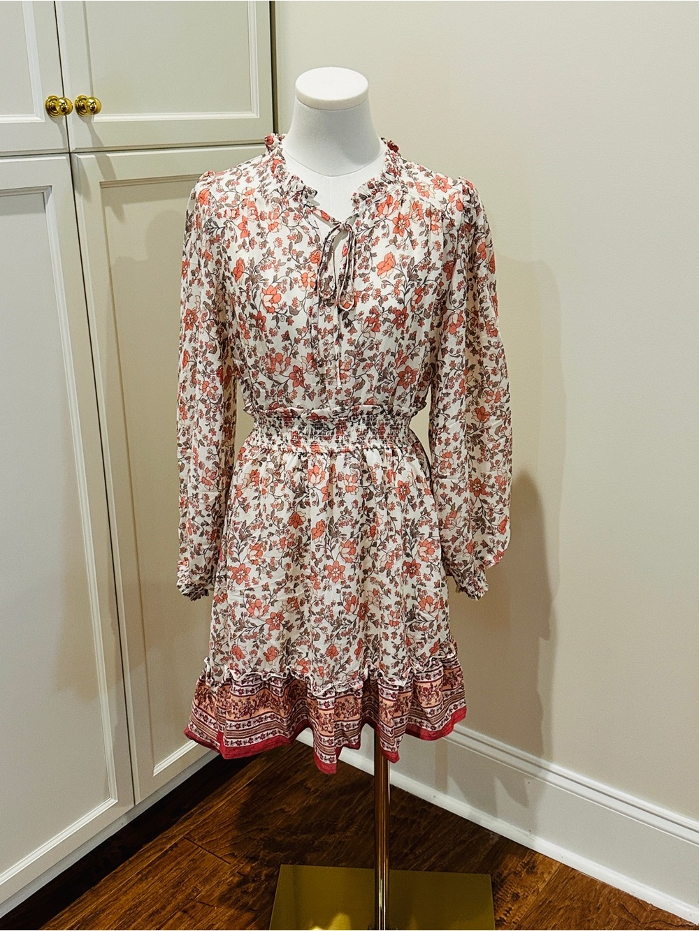 Blu Pepper Ivory & Terracotta Floral Tie-Neck Mini Dress